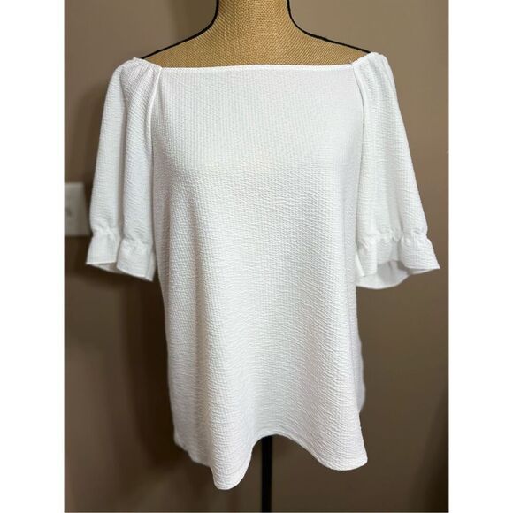 Cato Blouse Crepe Textured Peasant Top Size L 1/2 Flutter Sleeve Professional - Picture 2 of 9